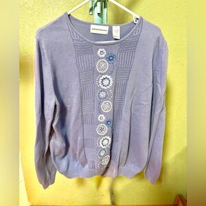 Alfred Dunner Lavender Sweater with Blue and White Floral Design